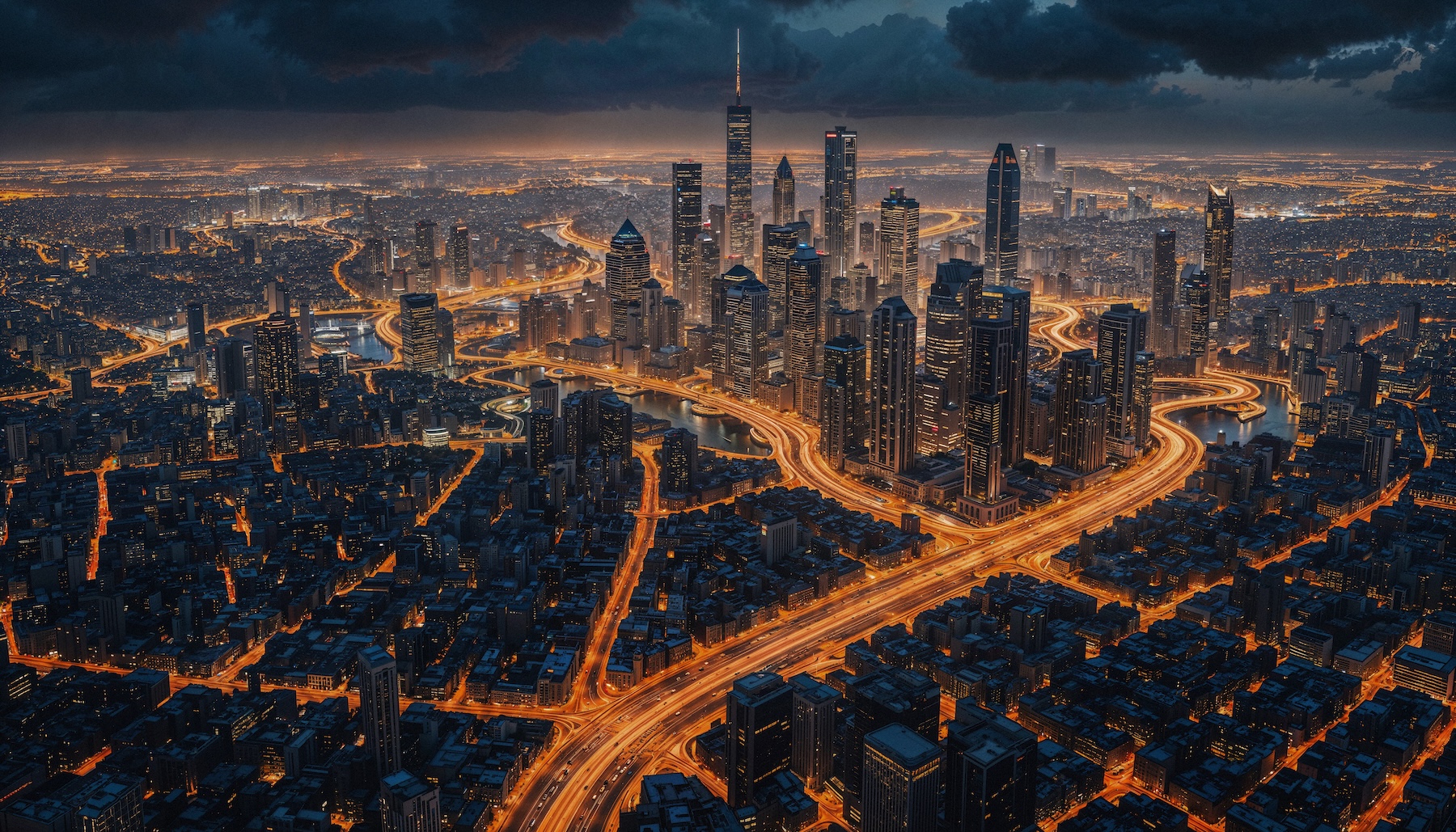 Aerial view of the Dubai skyline illuminated at dusk